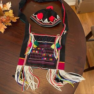 Thai Hmong Tribe Handmade Beaded Hat and Tote VTG